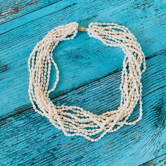 Estate Ten 10 Strand Baroque Pearl 14k Gold Choker Necklace Torsade - Picture 2 of 10